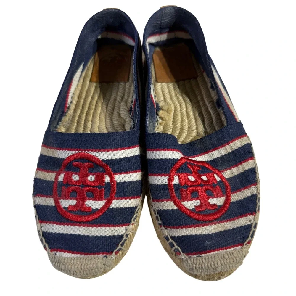 Tory Burch Canvas Espadrilles Vintage 7 Navy Red Stripe Logo